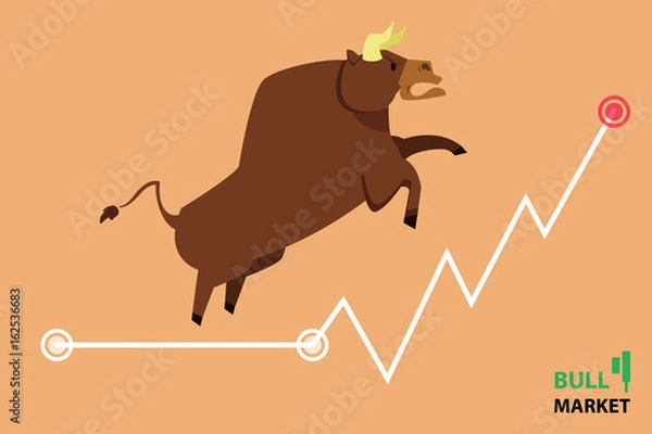 Fototapeta Bull treading on the stock market.  bull (market) running up on technical graph.  Stock exchange market bulls metaphor. Growing, rising up stock price.  Trading Flat style vector illustration EPS10.