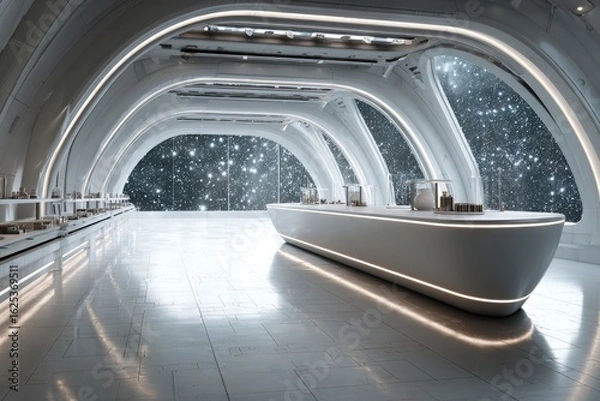 Fototapeta Spaceship Interior A sleek silver podium in a spaceship empty designed stars visible outside