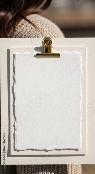 Fototapeta Minimalist mockup featuring a woman holding a blank vertical paper on a clipboard