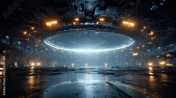 Fototapeta Spaceship Interior AI Core Room with a massive central processor swirling data streams and a faint hum of artificial intelligence at work