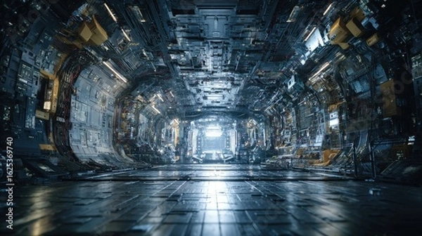 Fototapeta Spaceship Interior AI Core Room with a massive central processor swirling data streams and a faint hum of artificial intelligence at work