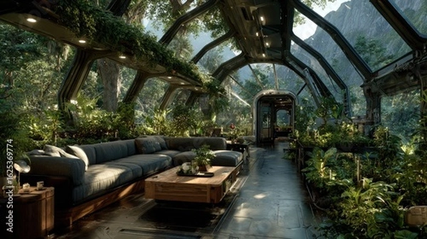 Fototapeta Spaceship Interior Colony Ship Greenhouse filled with lush plants hydroponic systems and sunlight streaming through dome-shaped observation panels