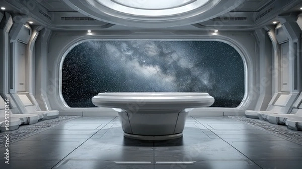 Fototapeta Spaceship Interior A sleek silver podium in a spaceship empty designed stars visible outside