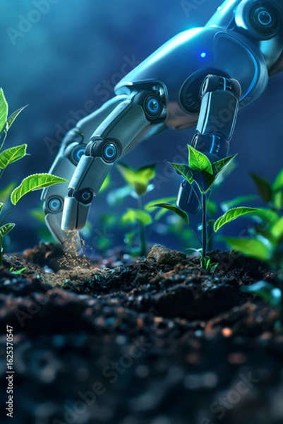 Obraz Robotic hand planting seedlings in futuristic soil. Agricultural automation concept.
