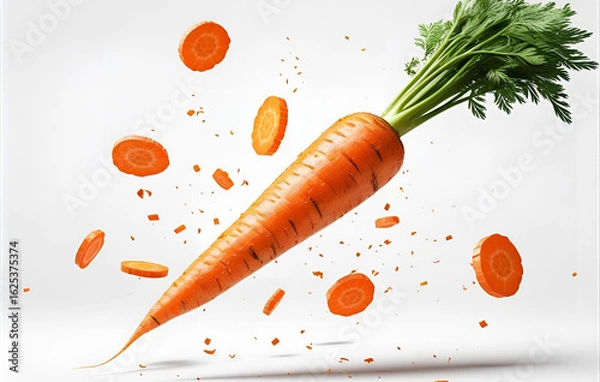Fototapeta Falling Carrot slice  and a complete carrot isolated on white background 
