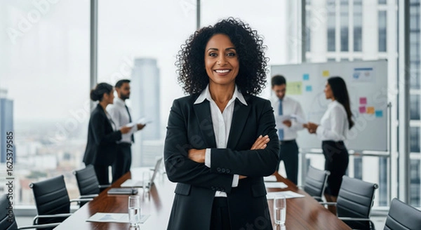 Fototapeta A confident, smiling businesswoman with arms crossed stands at the head of a conference table while her team works in a modern, sunlit office.