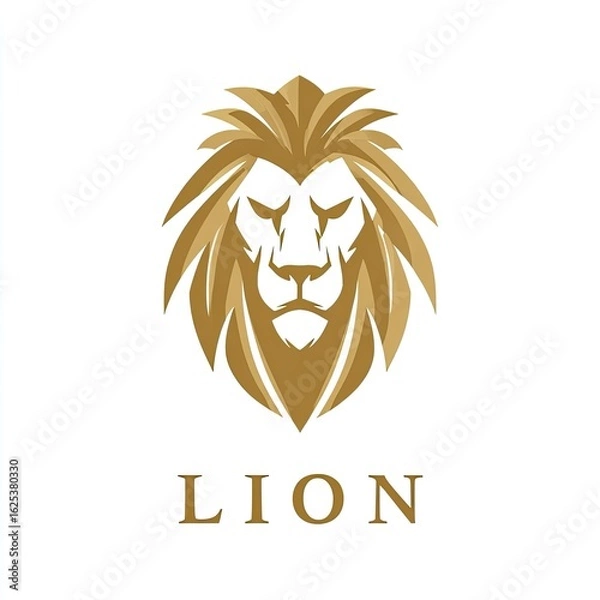 Fototapeta Unique and fierce lion head as an emblem elegant typography below golden tones corporate identity design animal logo isolated on white background