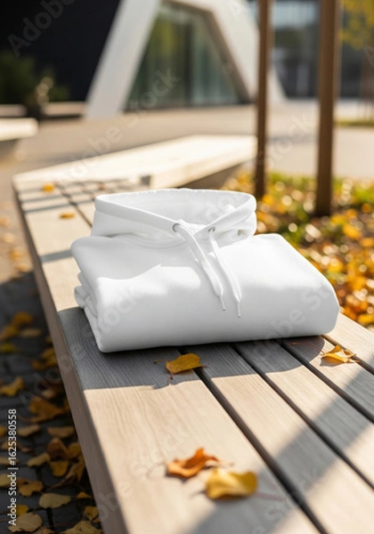 Fototapeta A clean, folded white hoodie sits on a sunlit wooden bench surrounded by fallen autumn leaves, offering a cozy and stylish apparel mockup scene.
