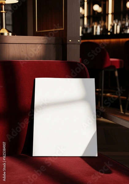 Fototapeta A blank white square canvas or sign mockup rests against a luxurious red velvet couch in a dimly lit, upscale bar or lounge setting.
