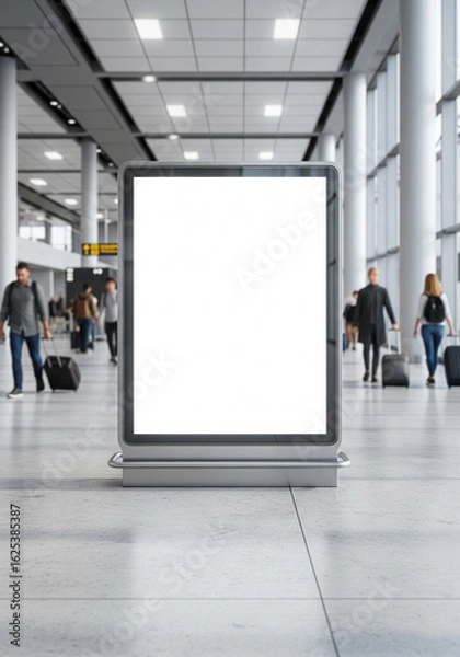 Fototapeta A blank digital billboard stands prominently in a busy airport terminal with blurred passengers, offering prime advertising space for travel or services.