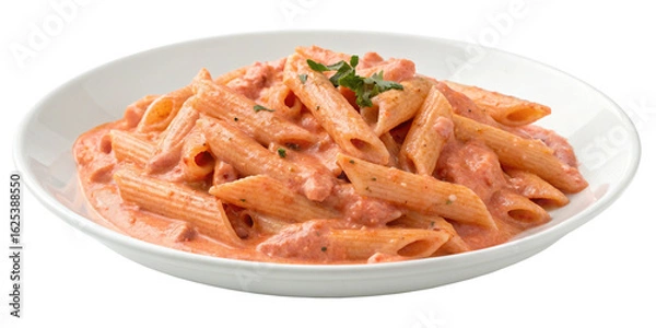 Fototapeta Penne allay Vodka pasta in a pink tomato cream sauce isolated on transparent background.