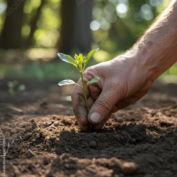 Fototapeta A close-up photograph capturing a hand gently planting a small, green seedling into rich soil, symbolizing new life and growth.