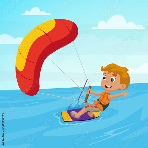 Fototapeta Happy cartoon boy kitesurfing in the ocean