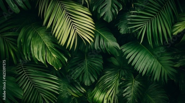 Fototapeta A lush array of green palm leaves creates a vibrant, natural backdrop. This image captures the beauty and richness of tropical foliage, perfect for nature-themed projects.