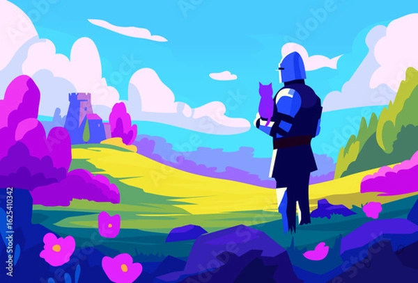 Fototapeta Colorful fantasy landscape with knight holding cat, vibrant meadows, castle in the distance, and stylized cartoon scenery
