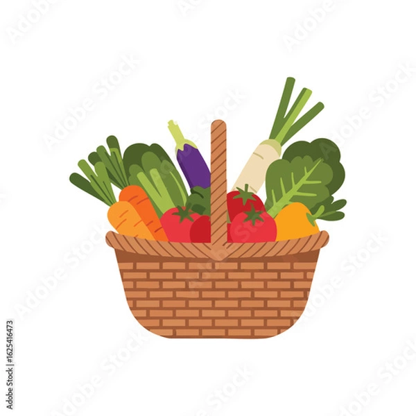 Obraz (Vibrant Produce Basket. An illustration of a rustic hamper brimming with a diverse array of garden-fresh edibles, representing natural goodness and healthy living.)