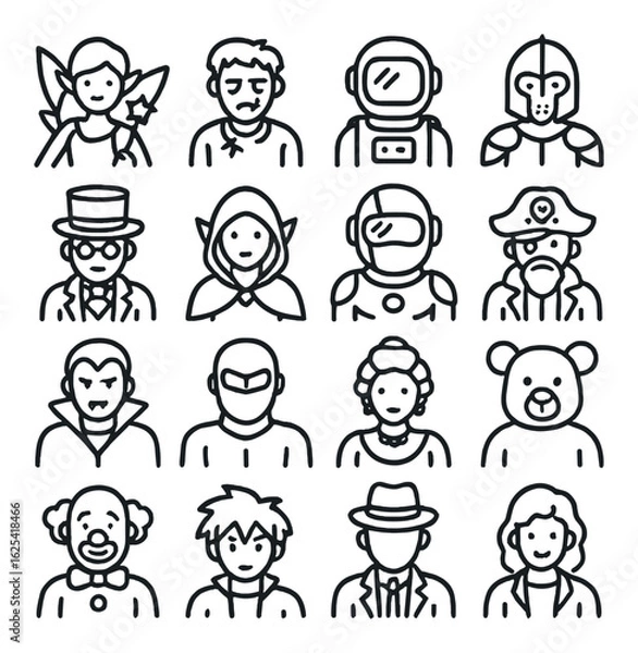 Fototapeta Collection of diverse cartoon character outlines in various costumes