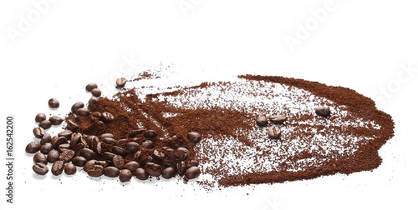 Obraz Pile of powdered, instant coffee and beans isolated on white background