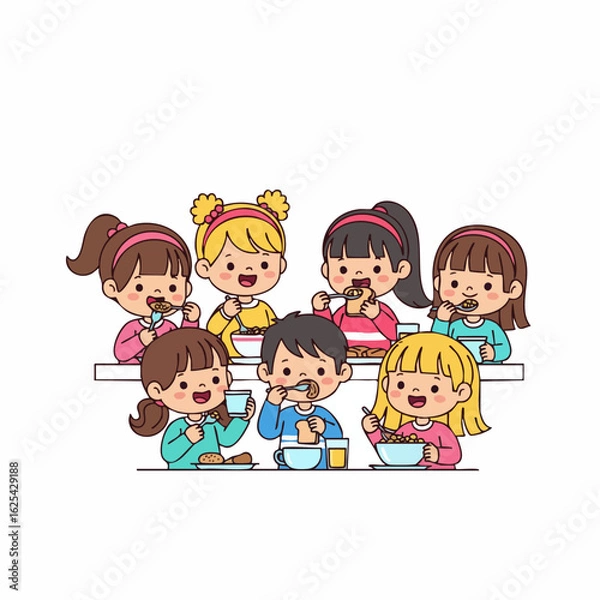 Fototapeta Colorful Flat Illustration of Diverse Children Enjoying Meal Together At Table