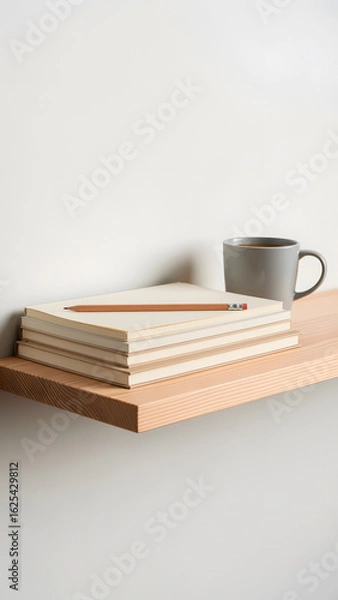 Obraz Still life of books, pencil, and drink on a wooden shelf against a plain background.