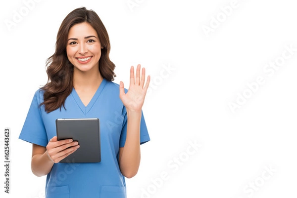 Obraz  Friendly Young Indian Doctor in Scrubs with Tablet, Waving Hello. Ideal for illustrating telehealth, medical technology, online healthcare consultations