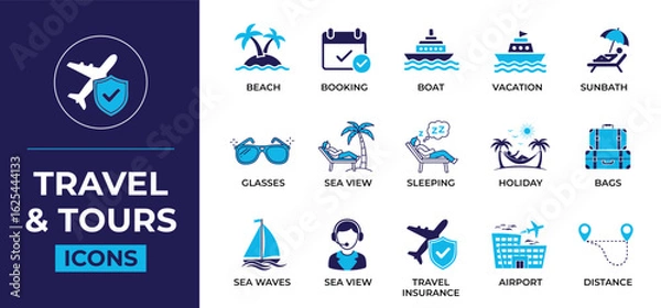 Fototapeta Collection of travel and tour icons representing various vacation and holiday activities