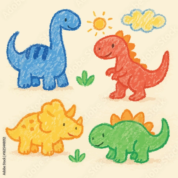 Fototapeta Charming and Adorable Cartoon Dinosaurs Illustration with a Colorful and Vibrant Design
