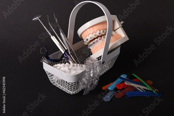 Obraz Dentist with Orthodontic tooth model and bracket or brace. Clean and Scrape off tartar. May Orthodontic Health Day, March Oral health, Dentist Day, False Teeth. Toothache and Children Dental Health