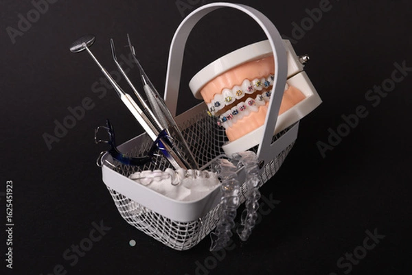 Obraz Dentist with Orthodontic tooth model and bracket or brace. Clean and Scrape off tartar. May Orthodontic Health Day, March Oral health, Dentist Day, False Teeth. Toothache and Children Dental Health