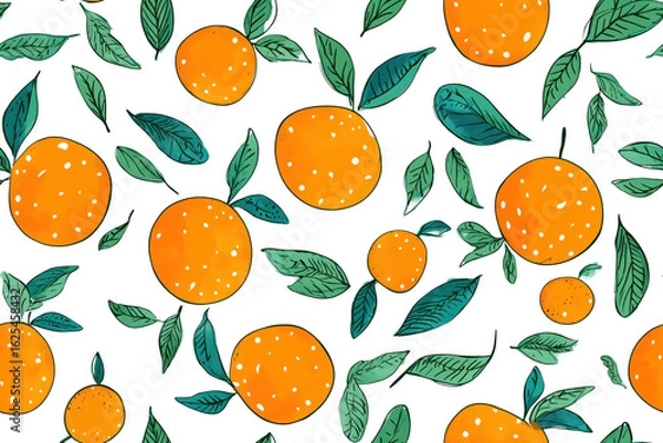 Obraz Vibrant orange fruit pattern with green leaves on a clean white background for design projects