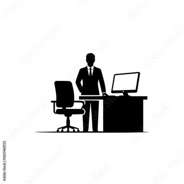 Fototapeta Silhouette of a businessman in a suit standing at a desk with a computer and an office chair, symbolizing professionalism.