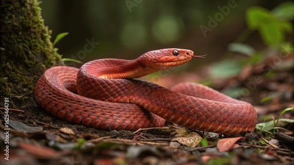 Obraz Crimson beauty a red snake coils in a lush forest setting vibrant scales glistening in the dappled sunlight