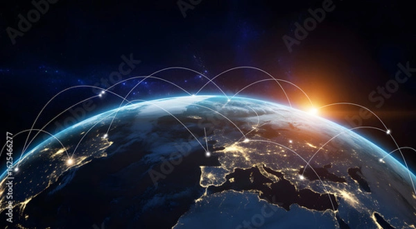 Fototapeta Global Connectivity: A breathtaking view of Earth from space, adorned with glowing lines, signifying the seamless connection of global networks, internet, and technological advancement.