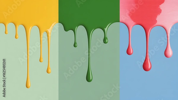 Fototapeta Vibrant, dripping paint in yellow, green, and pink hues create a dynamic, colorful cascade.