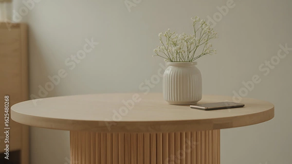 Fototapeta Simple wooden table displays a vase of delicate white flowers and a sleek mobile device.