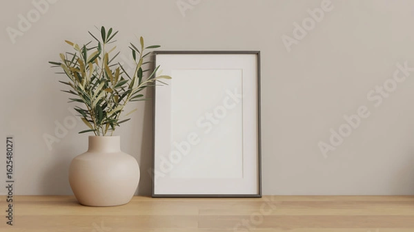Fototapeta Simple interior scene: framed artwork, potted plant, and a light-colored wall create a calm atmosphere.