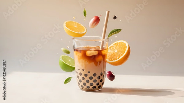 Fototapeta Refreshing beverage with fruit slices, bubbles, and a straw, creating a vibrant and lively composition.