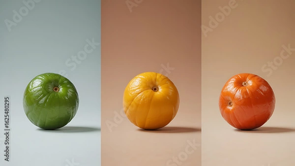 Fototapeta Three citrus fruits, green, yellow, and red, displayed against a gradient background.