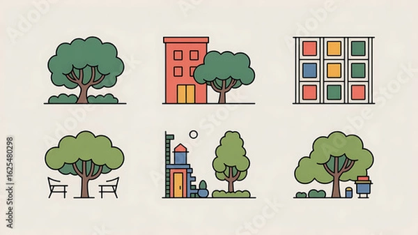 Fototapeta Urban landscape featuring trees, buildings, and greenery, creating a peaceful, stylized city scene.