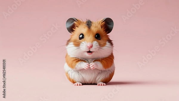 Fototapeta A fluffy, adorable hamster with warm brown and white fur looks directly at the viewer.
