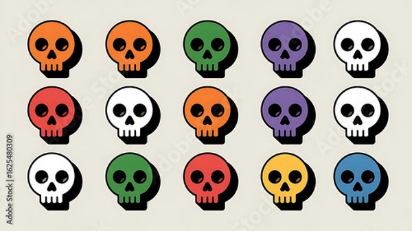 Fototapeta Colorful skull icons arranged in a grid pattern, representing mortality and a playful, vibrant aesthetic.