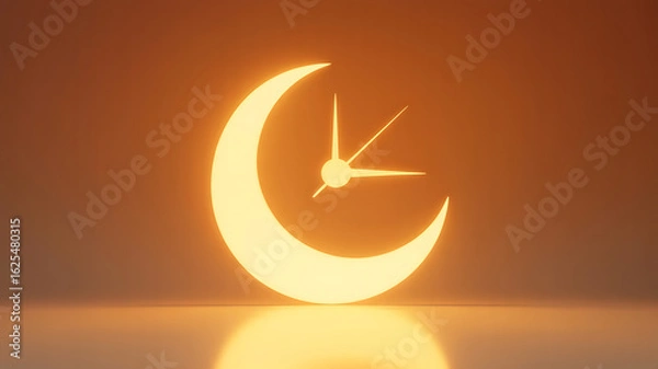 Fototapeta Glowing crescent moon with a clock face, set against a warm, orange-toned sky.