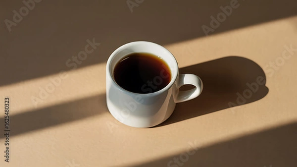 Fototapeta A white cup filled with dark coffee sits on a surface with strong sunlight and shadows.