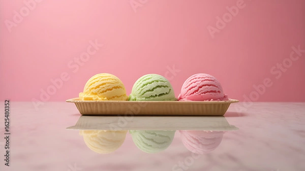 Fototapeta Colorful scoops of ice cream sit on a tray, evoking feelings of sweetness and summer delight.