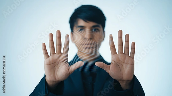 Fototapeta Person with outstretched hands, expressing a gesture of stop or refusal, against a blurred background.