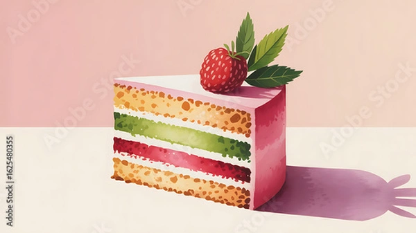Fototapeta A slice of layered cake with vibrant pink, green, and red hues, topped with a fresh strawberry.