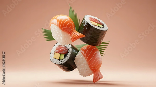 Fototapeta Sushi rolls, salmon and avocado, levitating in the air.
