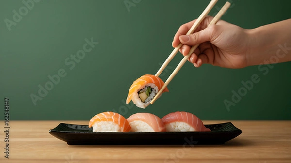 Fototapeta Hand using chopsticks to pick up sushi. Assortment of rolls.
