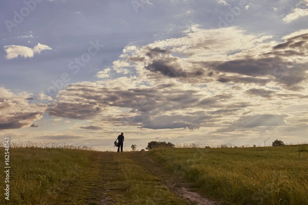 Fototapeta Landscape with green and yellow grass with beautiful clouds in the background on a bright sunny day