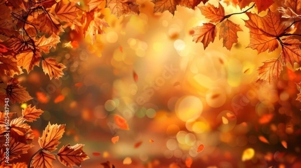 Obraz Autumn foliage background with falling leaves and warm sunlight. Orange autumn background. Horizontal banner. Copy space. Free space for text. Back to school
